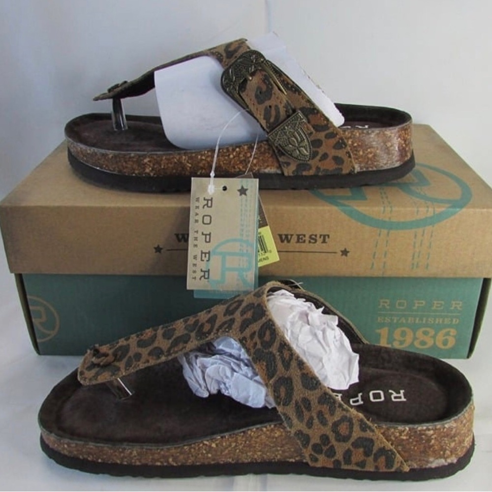 Roper Women's 6 Helena Footbed Thong Sandals - Leopard Hair On Hide Leather